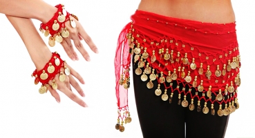 Belly Dance Bauchtanz Kostüm Hüfttuch inkl. ein paar Handketten Münzgürtel Fasching Karneval Tanzaufführung Gürtel in rot